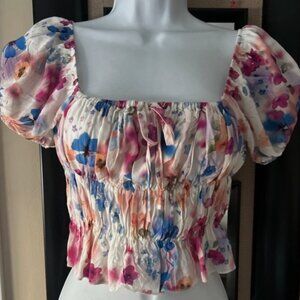 NWT Showpo "Gimme" Puff Sleeve Crop Top Floral Blur US SZ 4 Elastic Waist Tie